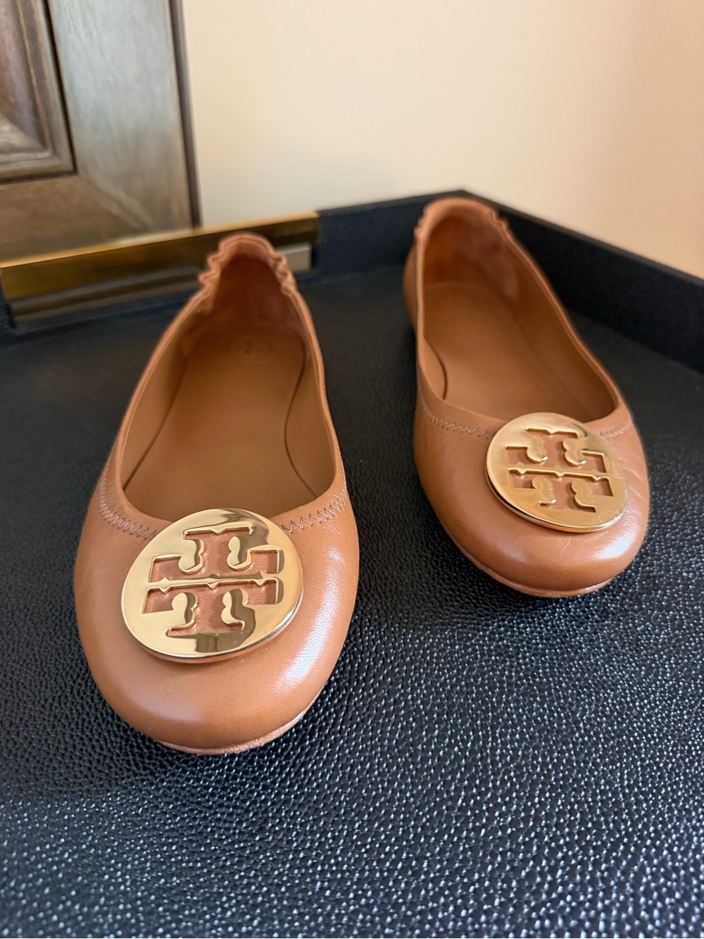 Tory Burch Brown Leather Ballet Flats with Gold Logo Medallion - Picture 3 of 6